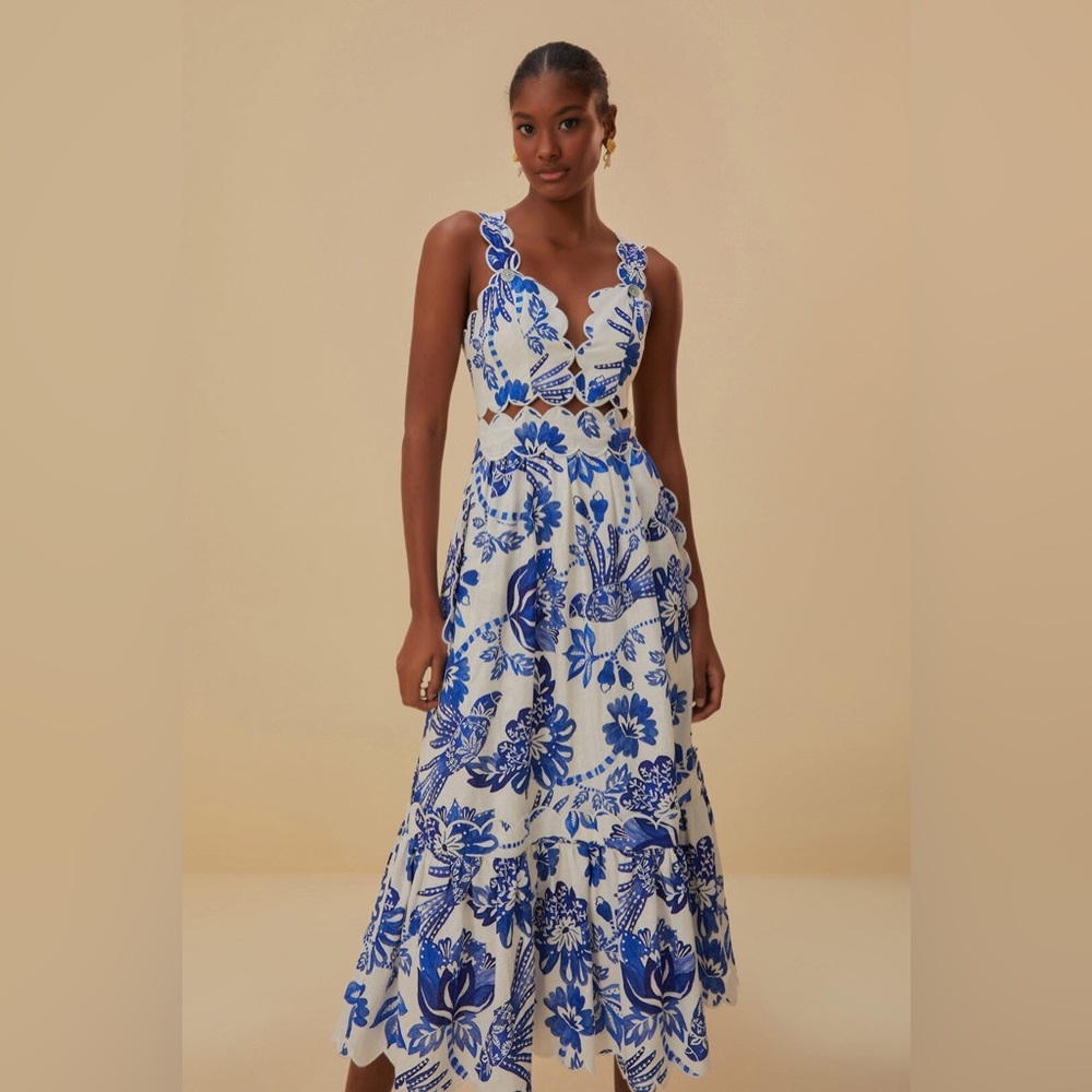 FarmRio Off-White Flowerful Birds Lenzing Midi Dress